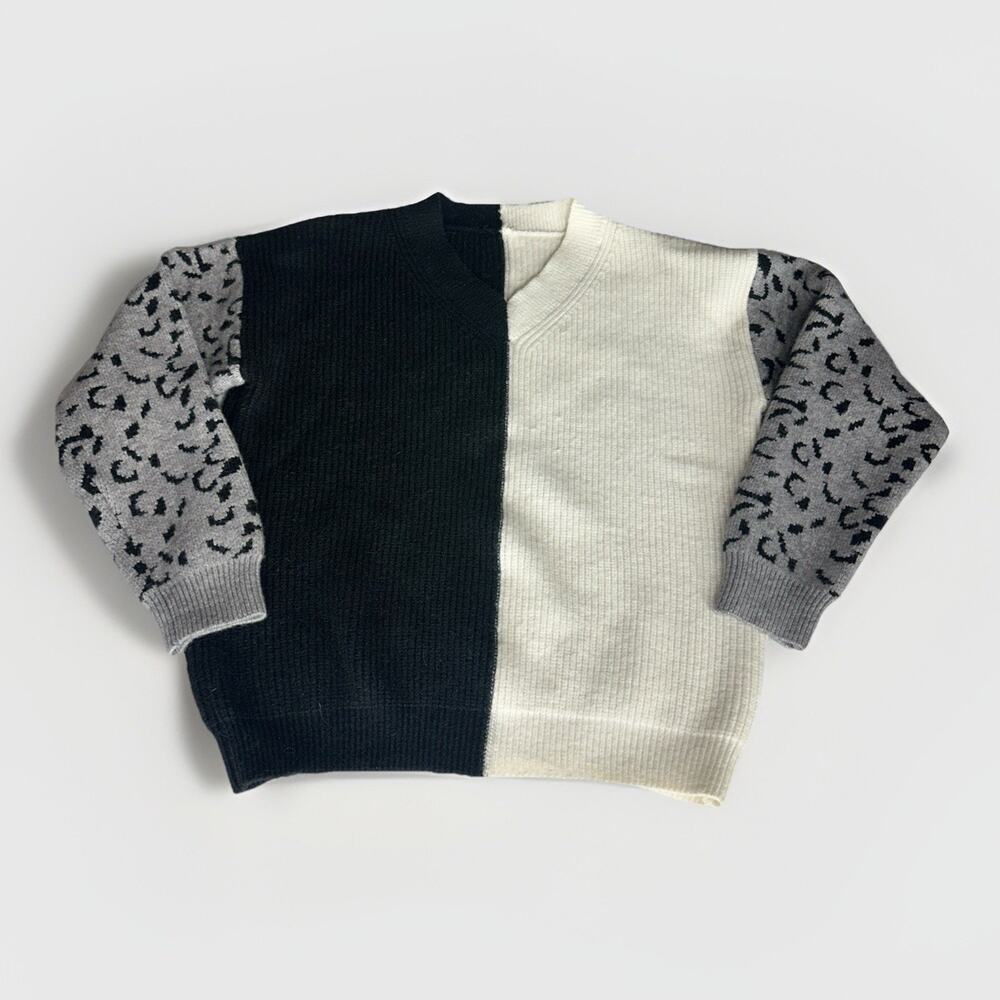 Colorblock Leopard Sleeve Sweater Women’s Size XL Black White Gray Animal Print